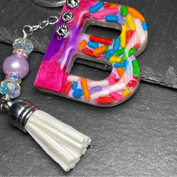 Custom Made Pink And Purple Letter “B” Keychain with Crystal Beaded Tassel - Picture 2 of 5